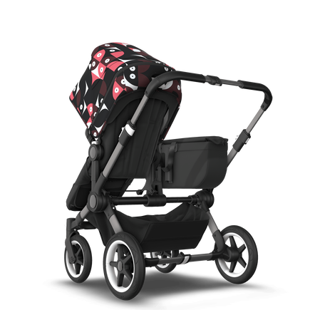 Bugaboo Donkey 5 Mono bassinet and seat stroller graphite base, midnight black fabrics, animal explorer pink/ red sun canopy - view 2