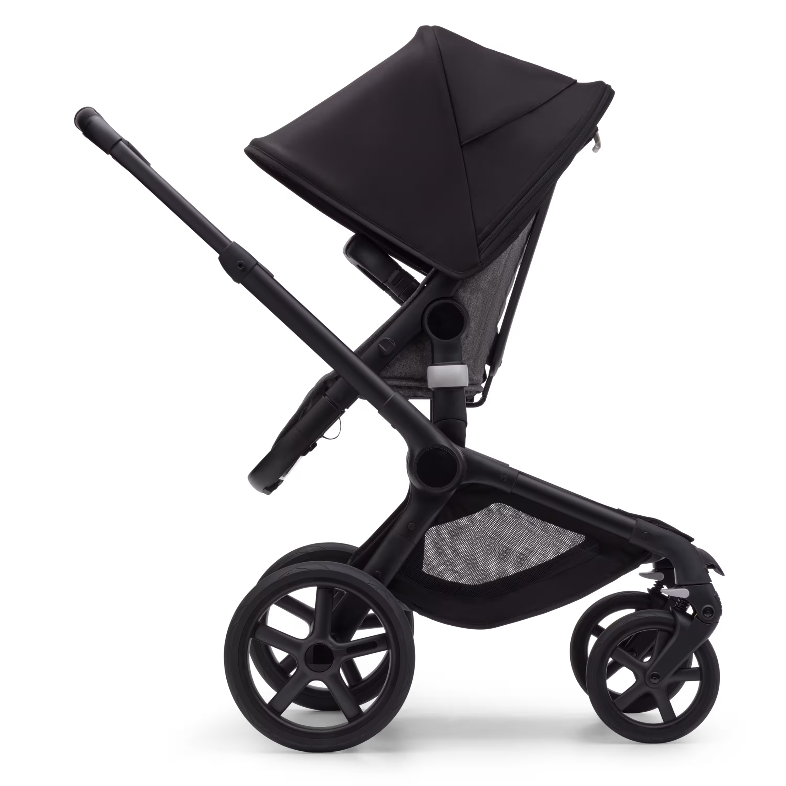 Side view of the Bugaboo Fox 5 seat stroller with black chassis, grey melange fabrics and midnight black sun canopy. - Main Modal Image Slide 3 of 13