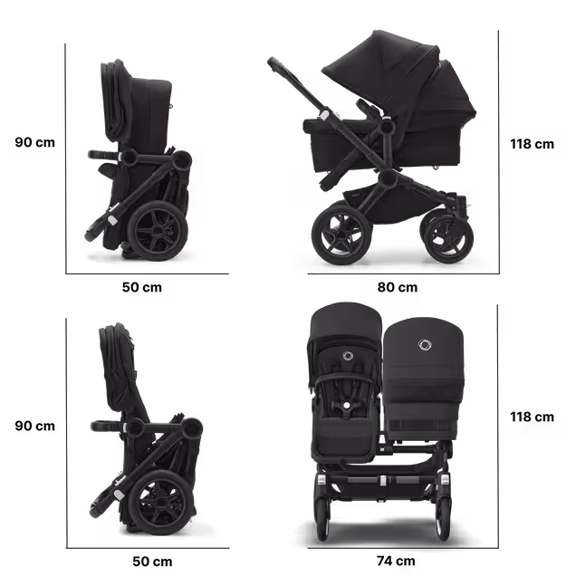 Bugaboo Donkey 5 twin stroller black base, midnight black fabrics, midnight black sun canopy - Main Image Slide 10 of 12