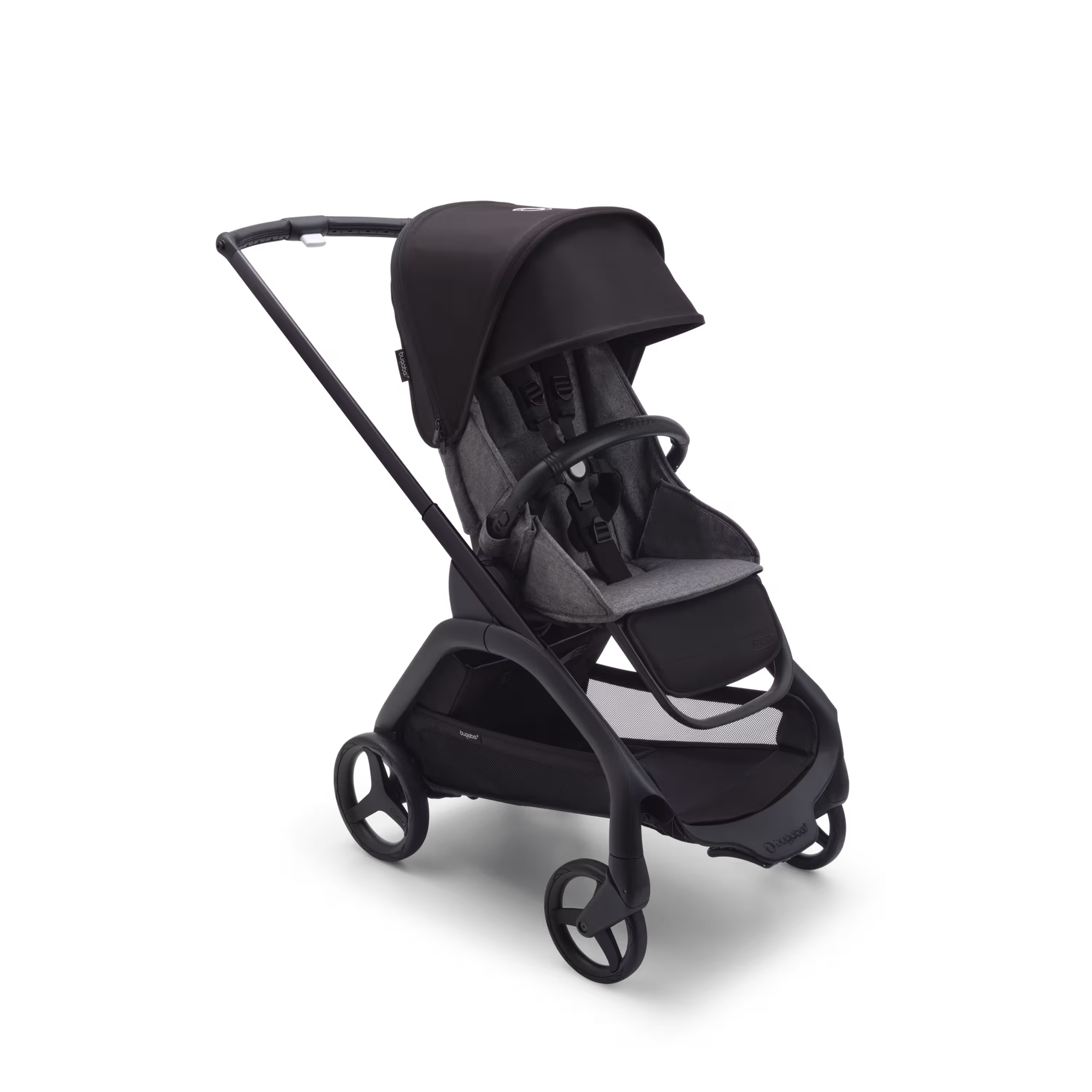 Bugaboo Dragonfly seat stroller with black chassis, grey melange fabrics and midnight black sun canopy. - Main Modal Image Slide 1 of 16