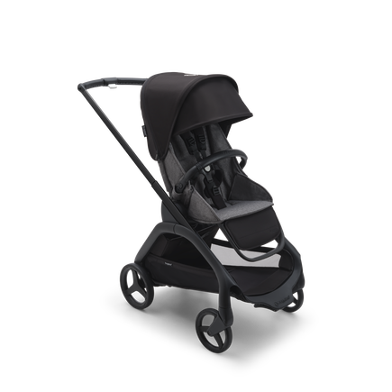 Bugaboo Dragonfly seat stroller with black chassis, grey melange fabrics and midnight black sun canopy.