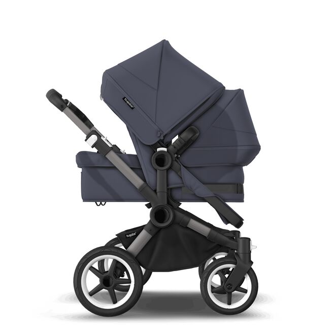 Bugaboo Donkey 5 Duo bassinet and seat stroller graphite base, stormy blue fabrics, stormy blue sun canopy