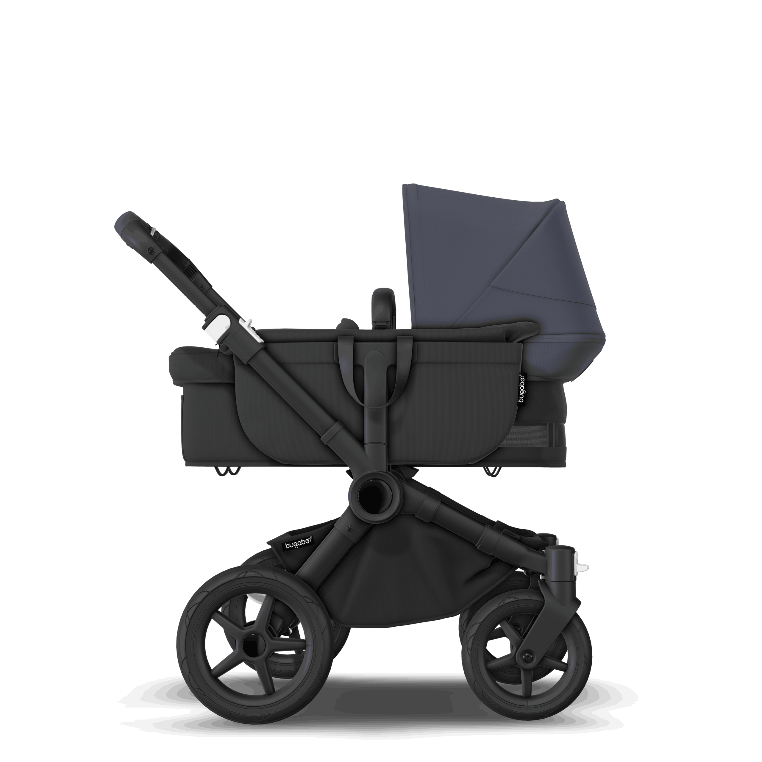 Refurbished Bugaboo Donkey 5 Mono bassinet and seat stroller black base, midnight black fabrics, stormy blue sun canopy - Thumbnail Slide 3 of 10