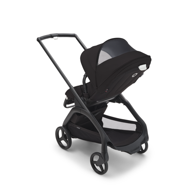View from behind of the Bugaboo Dragonfly seat stroller, showing the peek-a-boo panel on the sun canopy.
