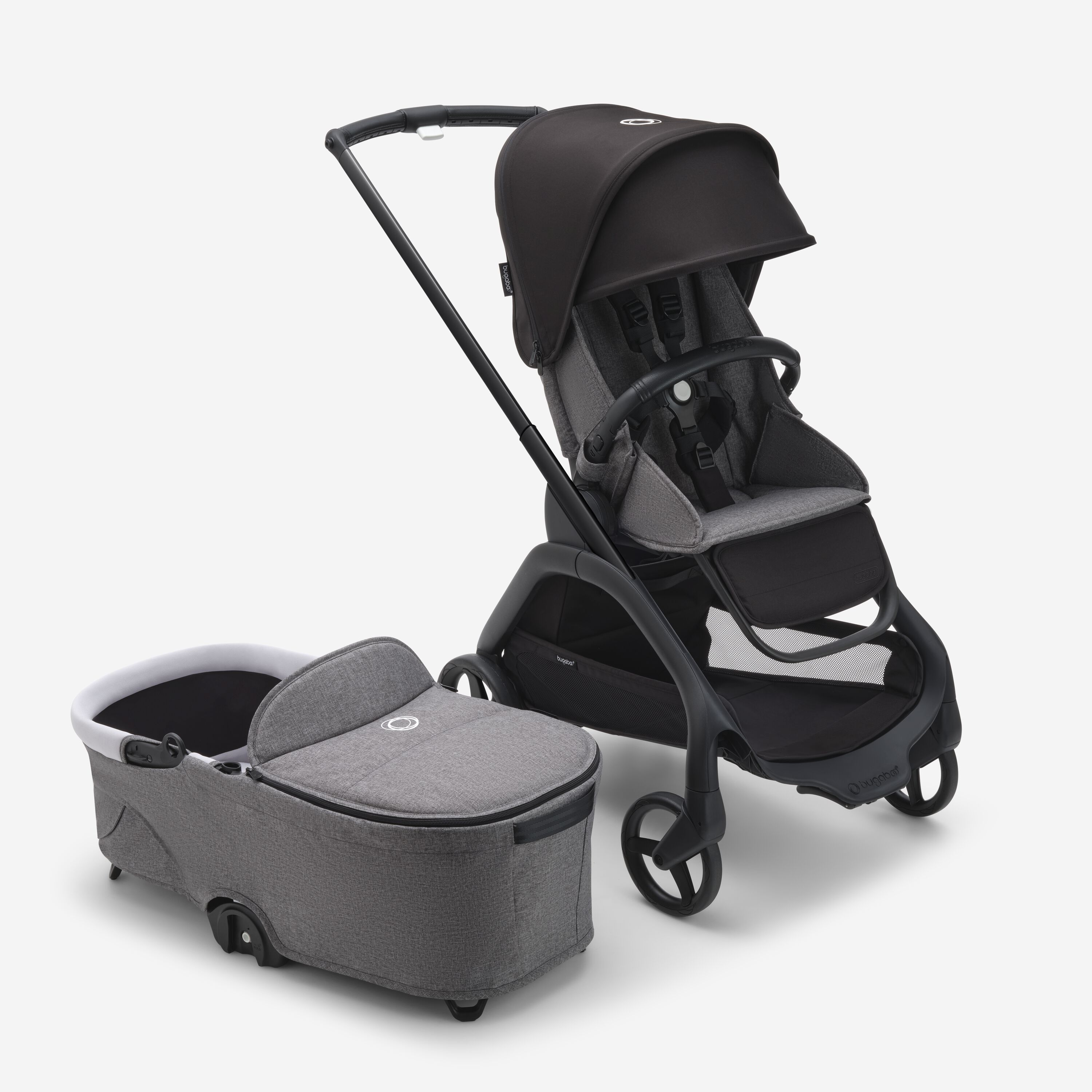 Refurbished Bugaboo Dragonfly bassinet and seat stroller black base, grey melange fabrics, midnight black sun canopy - Main Modal Image Slide 2 van 2