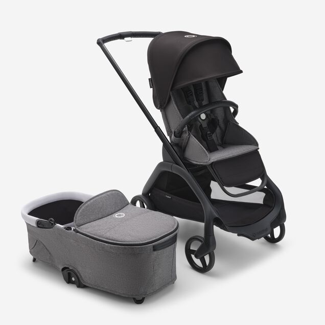 Refurbished Bugaboo Dragonfly bassinet and seat stroller black base, grey melange fabrics, midnight black sun canopy - Main Image Slide 2 van 2