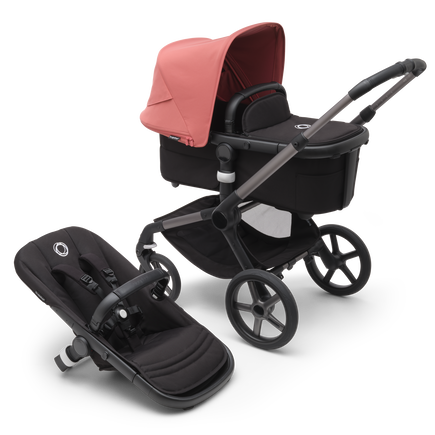 Bugaboo Fox 5 bassinet and seat stroller with graphite chassis, midnight black fabrics and sunrise red sun canopy.