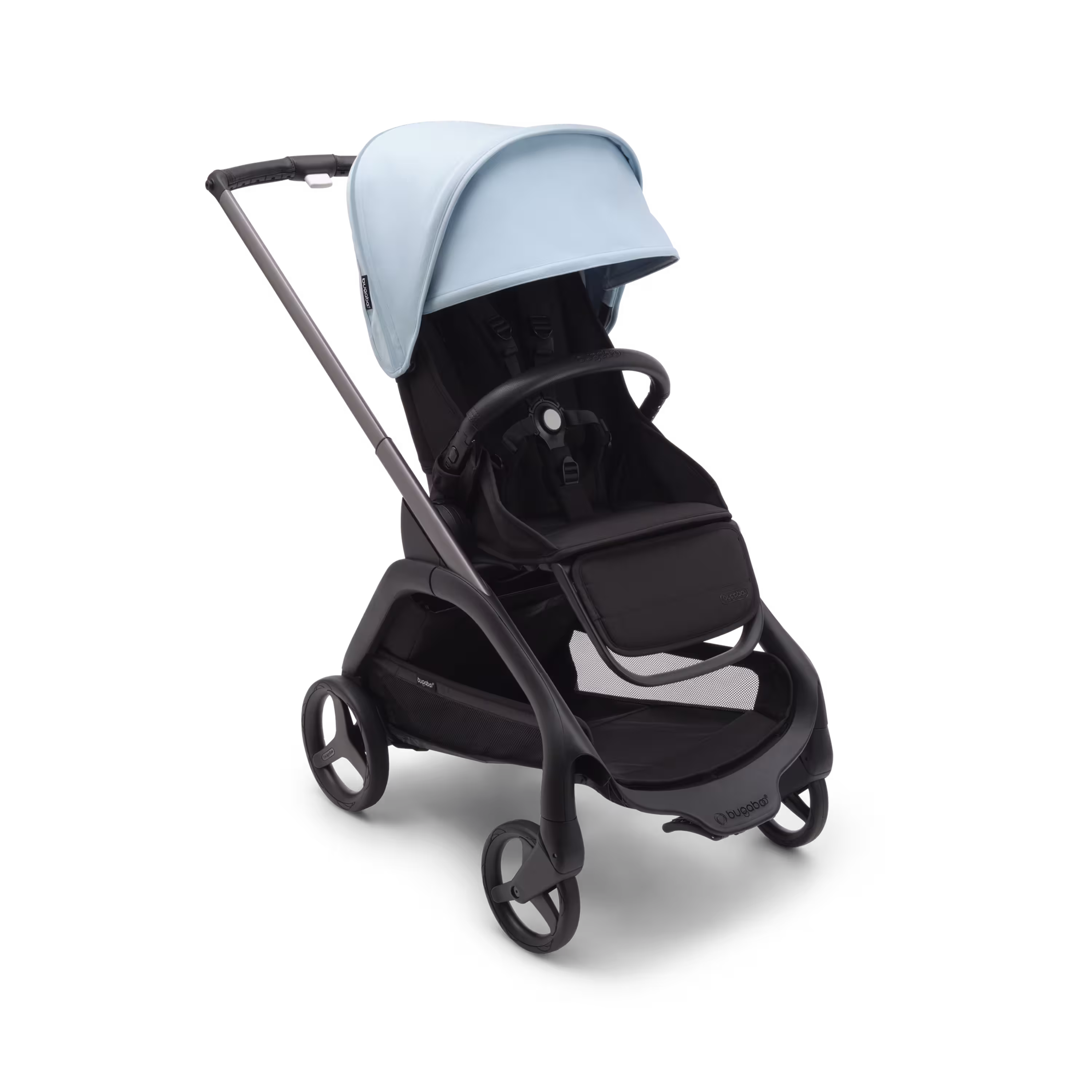 Bugaboo Dragonfly seat stroller with graphite chassis, midnight black fabrics and skyline blue sun canopy. - Main Modal Image Slide 1 of 16
