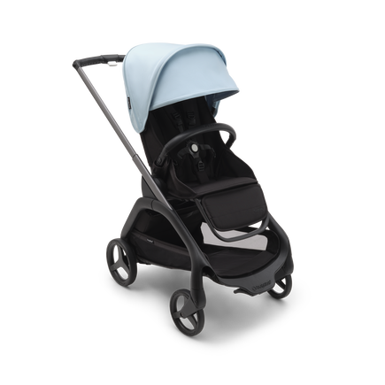 Bugaboo Dragonfly seat stroller with graphite chassis, midnight black fabrics and skyline blue sun canopy.