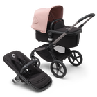Bugaboo Fox 5 bassinet and seat pram with graphite chassis, midnight black fabrics and morning pink sun canopy.
