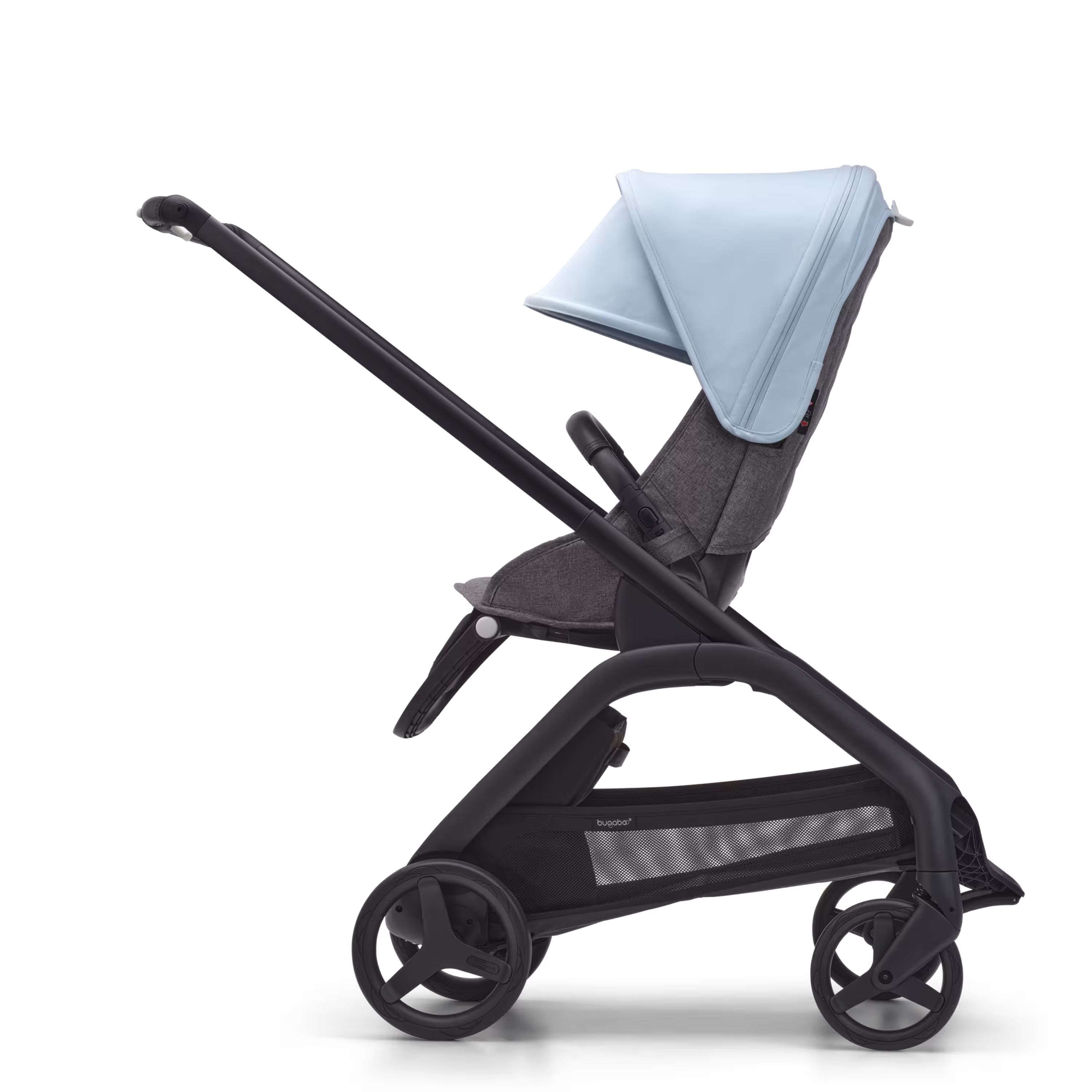 Side view of the Bugaboo Dragonfly seat stroller with black chassis, grey melange fabrics and skyline blue sun canopy. - Main Modal Image Slide 2 of 16