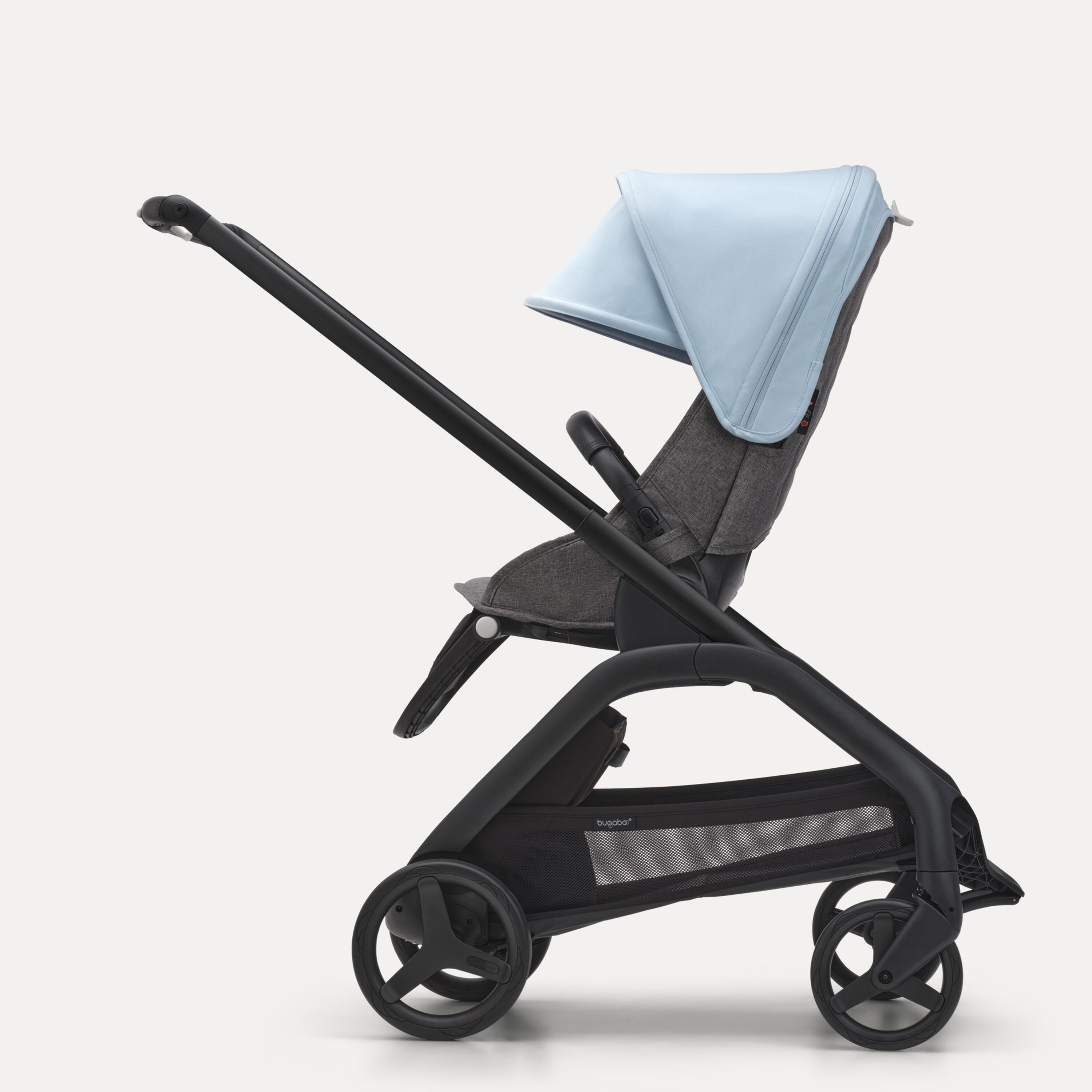 Side view of the Bugaboo Dragonfly seat stroller with black chassis, grey melange fabrics and skyline blue sun canopy. - Main Modal Image Slide 2 of 16