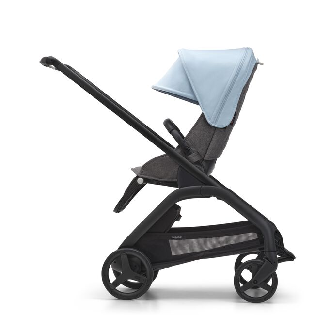Side view of the Bugaboo Dragonfly seat stroller with black chassis, grey melange fabrics and skyline blue sun canopy. - Main Image Slide 3 of 18
