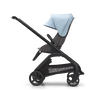 Side view of the Bugaboo Dragonfly seat stroller with black chassis, grey melange fabrics and skyline blue sun canopy. - Thumbnail Slide 3 of 18