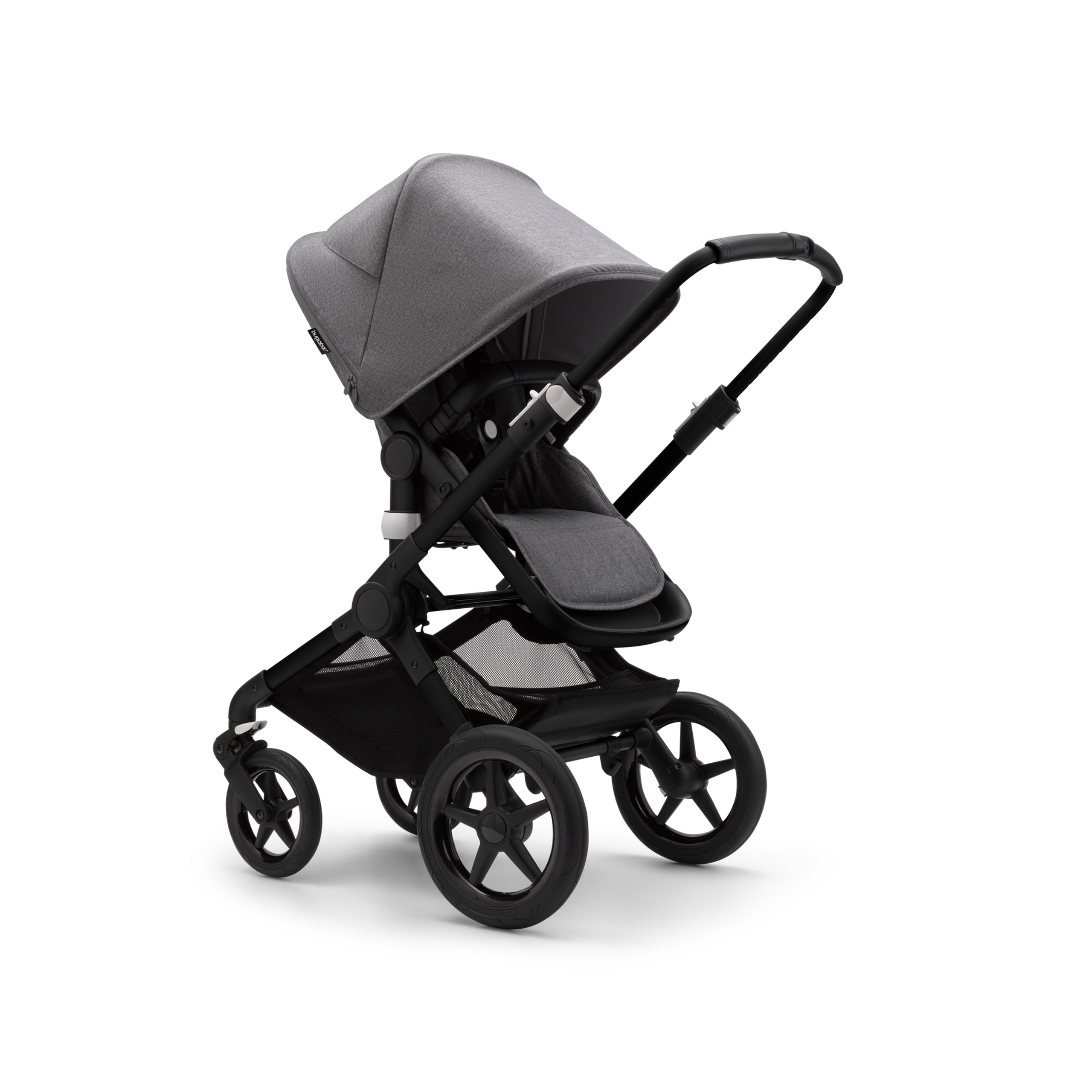 Bugaboo Fox 3 seat stroller with black frame, grey melange fabrics, and grey melange sun canopy. - Thumbnail Slide 1 of 7