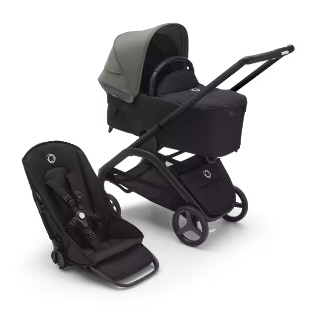 Bugaboo Dragonfly 2-in-1 stroller black base, midnight black fabrics, forest green sun canopy - Main Image Slide 1 of 16