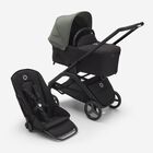 Passeggino con seduta e navicella Bugaboo Dragonfly con telaio black, tessuti midnight black e cappottina forest green.