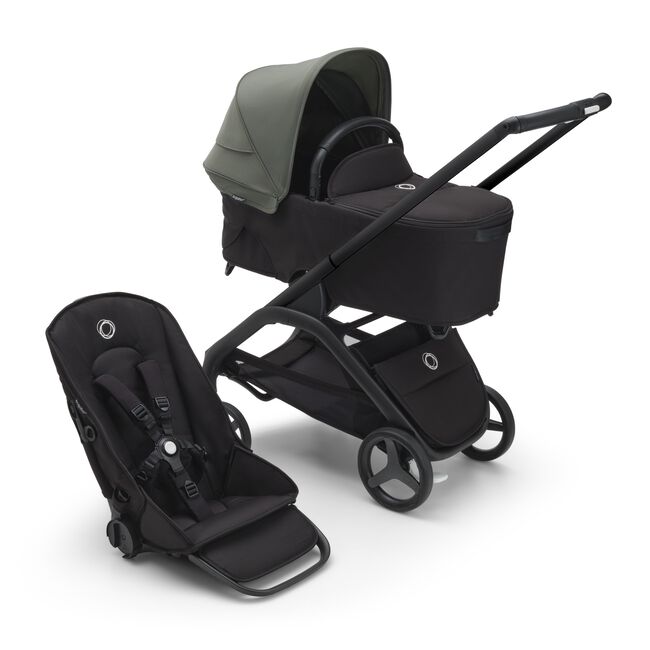 Bugaboo Dragonfly bassinet and seat stroller with black chassis, midnight black fabrics and forest green sun canopy. - Main Image Slide 1 of 18