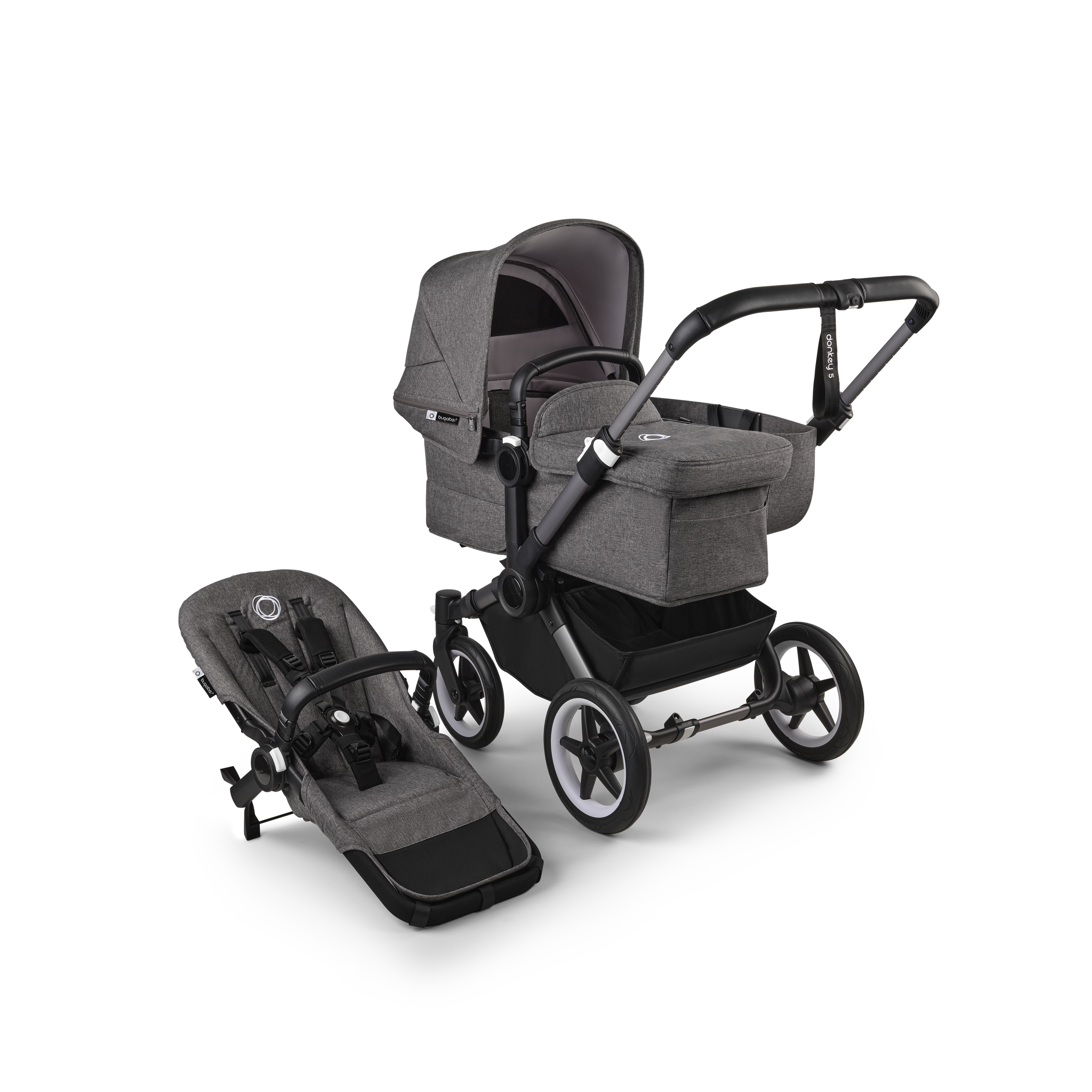 Bugaboo Donkey 5 Mono 2-in-1 stroller graphite base, grey mélange fabrics, grey mélange sun canopy - Thumbnail Slide 1 of 11