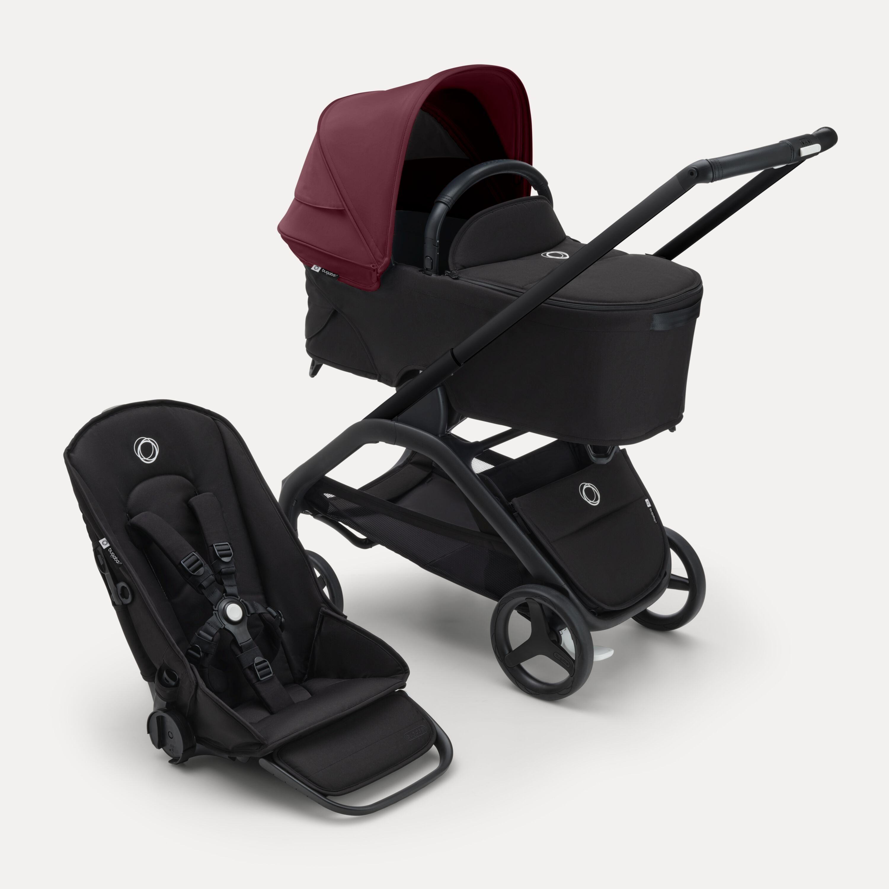 Bugaboo Dragonfly 2-in-1 stroller black base, midnight black fabrics, dark cherry red sun canopy - Main Modal Image Slide 1 of 16