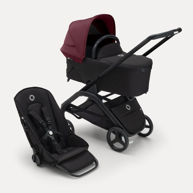 Bugaboo Dragonfly 2-in-1 stroller black base, midnight black fabrics, dark cherry red sun canopy - Main Image Slide 1 of 16