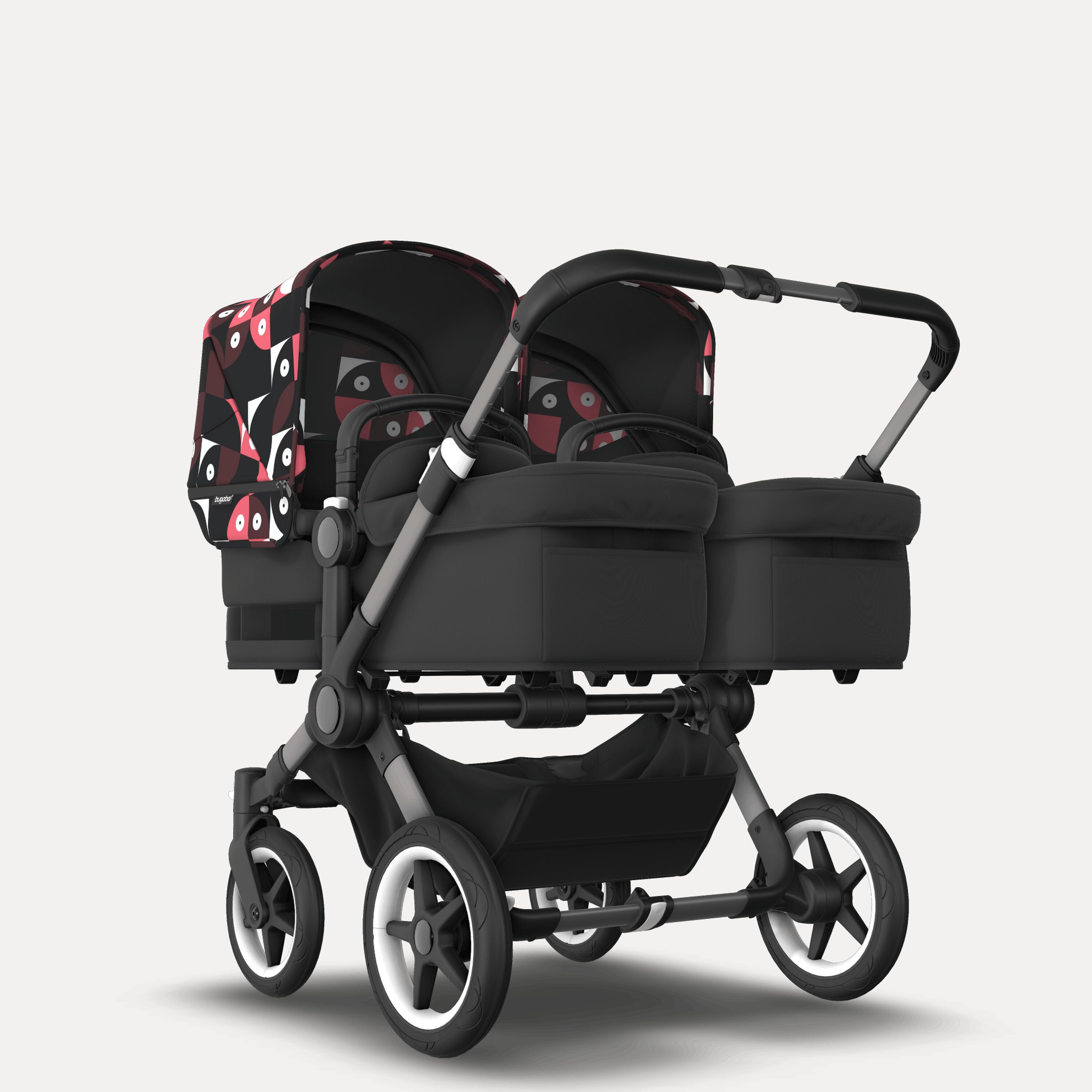 Bugaboo Donkey 5 twin stroller graphite base, midnight black fabrics, animal explorer pink/red sun canopy - Main Modal Image Slide 1 of 12