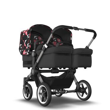 Bugaboo Donkey 5 twin stroller graphite base, midnight black fabrics, animal explorer pink/red sun canopy