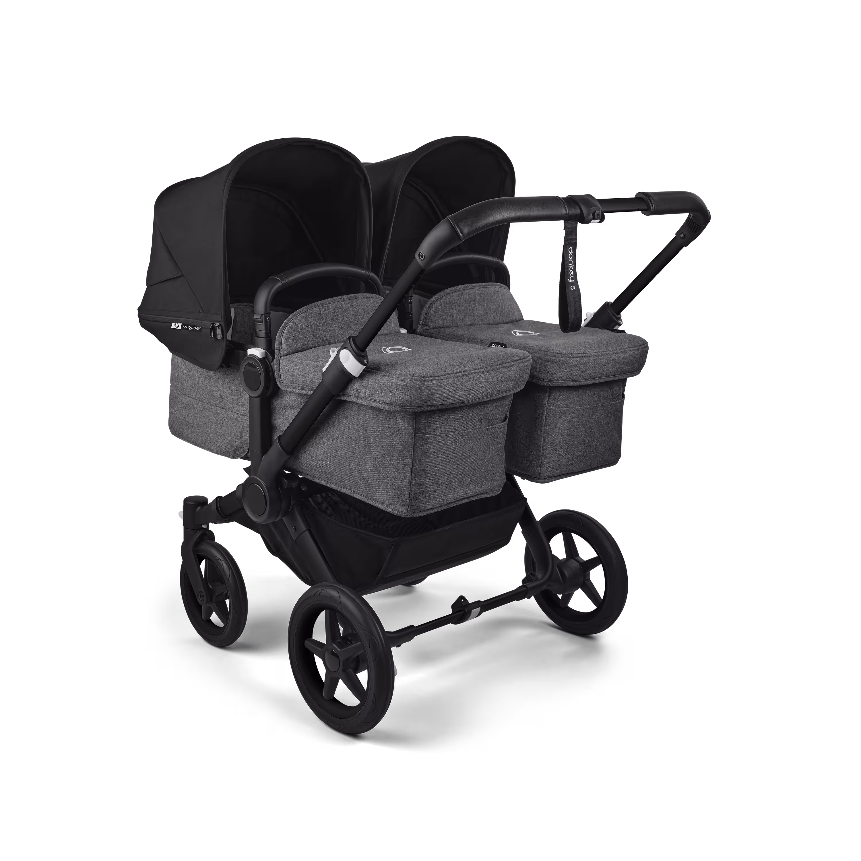 Bugaboo Donkey 5 twin stroller black base, grey mélange fabrics, midnight black sun canopy - Main Modal Image Slide 1 of 12