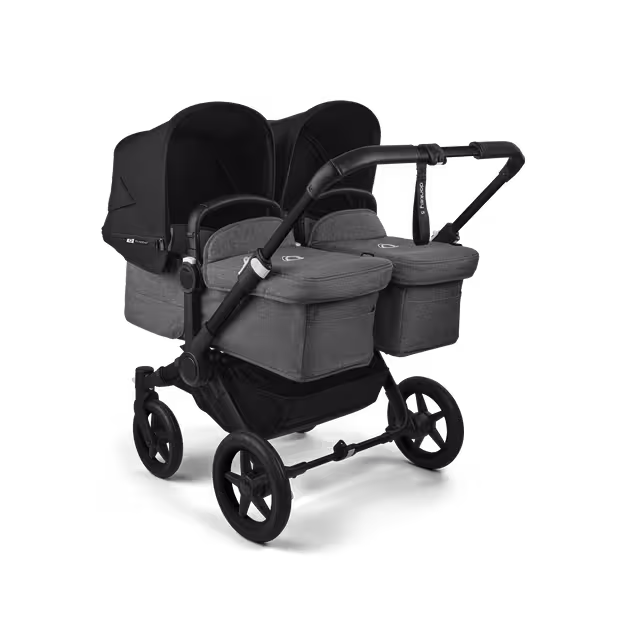 Bugaboo Donkey 5 twin stroller black base, grey mélange fabrics, midnight black sun canopy - Main Image Slide 1 of 12