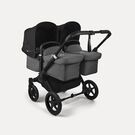 Bugaboo Donkey 5 twin stroller black base, grey mélange fabrics, midnight black sun canopy