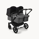 Bugaboo Donkey 5 twin stroller black base, grey mélange fabrics, midnight black sun canopy