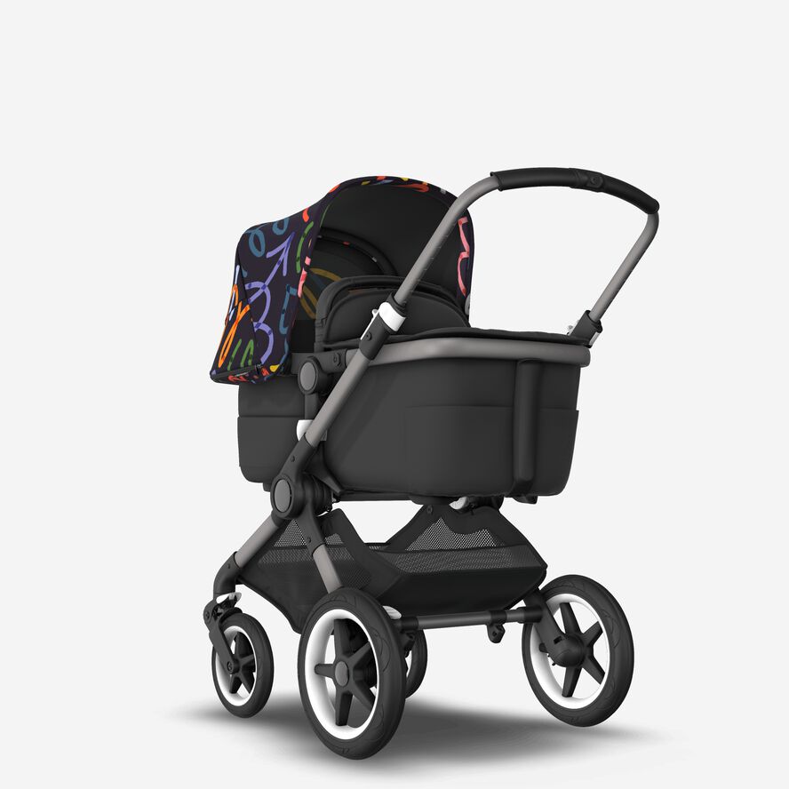 Bugaboo Fox 3 bassinet and seat stroller graphite base, midnight black fabrics, art of discovery dark blue sun canopy