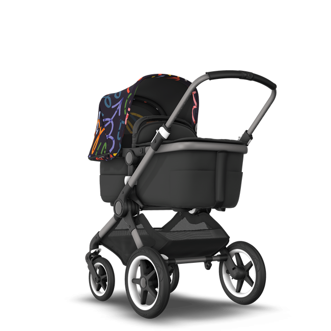 Bugaboo Fox 3 bassinet and seat stroller graphite base, midnight black fabrics, art of discovery dark blue sun canopy