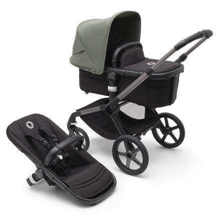 Bugaboo Fox 5 bassinet and seat pram with graphite chassis, midnight black fabrics and forest green sun canopy.