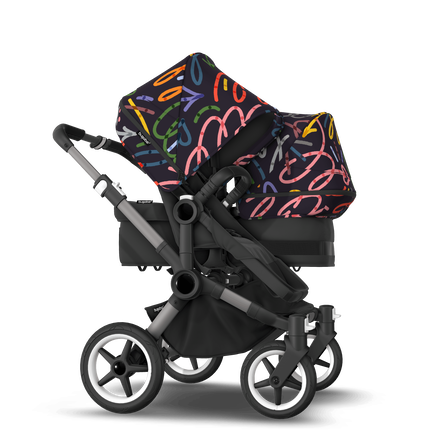 Bugaboo Donkey 5 Duo bassinet and seat stroller graphite base, midnight black fabrics, art of discovery dark blue sun canopy - view 2