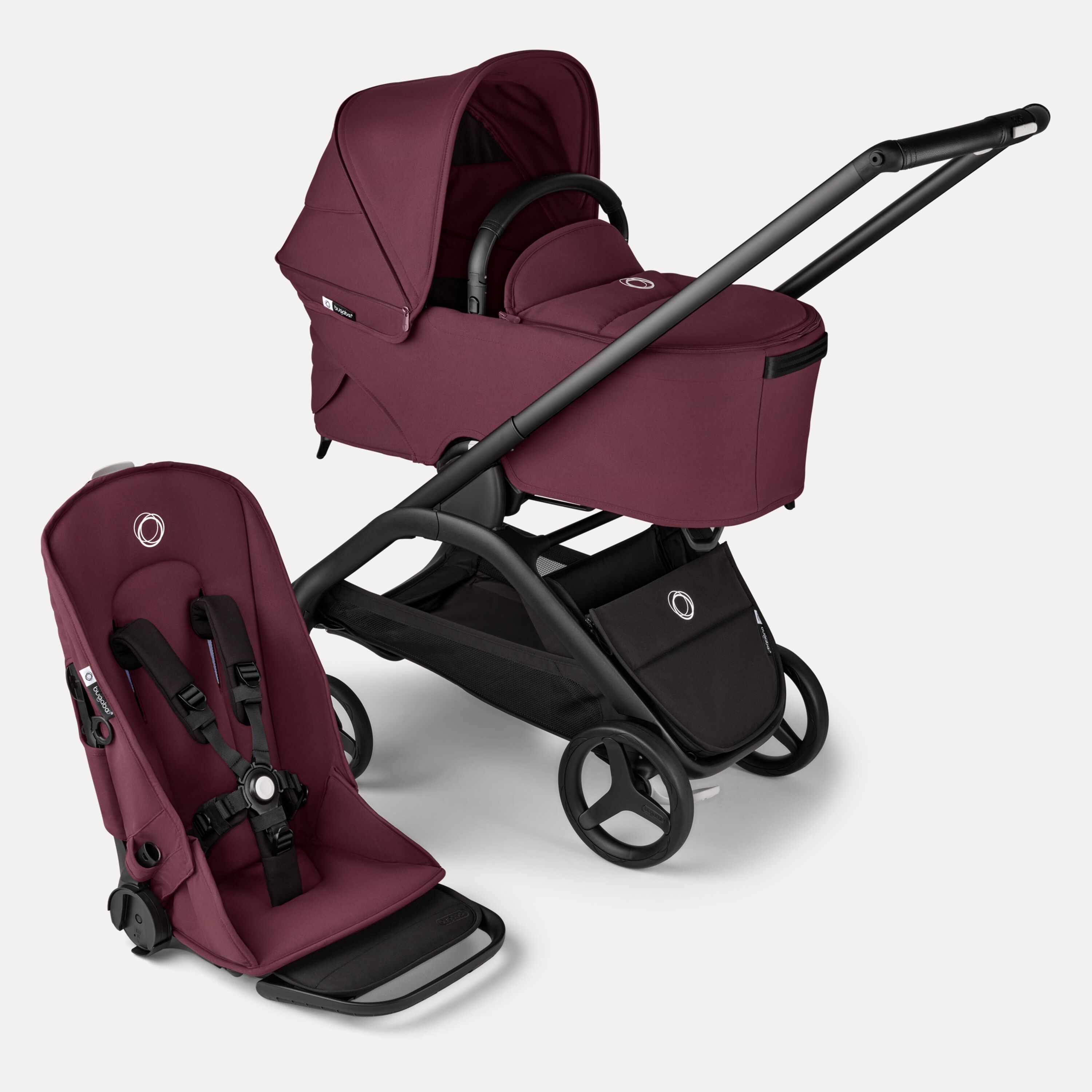 Bugaboo Dragonfly 2-in-1 stroller black base, dark cherry red fabrics, dark cherry red sun canopy - Main Modal Image Slide 1 of 16