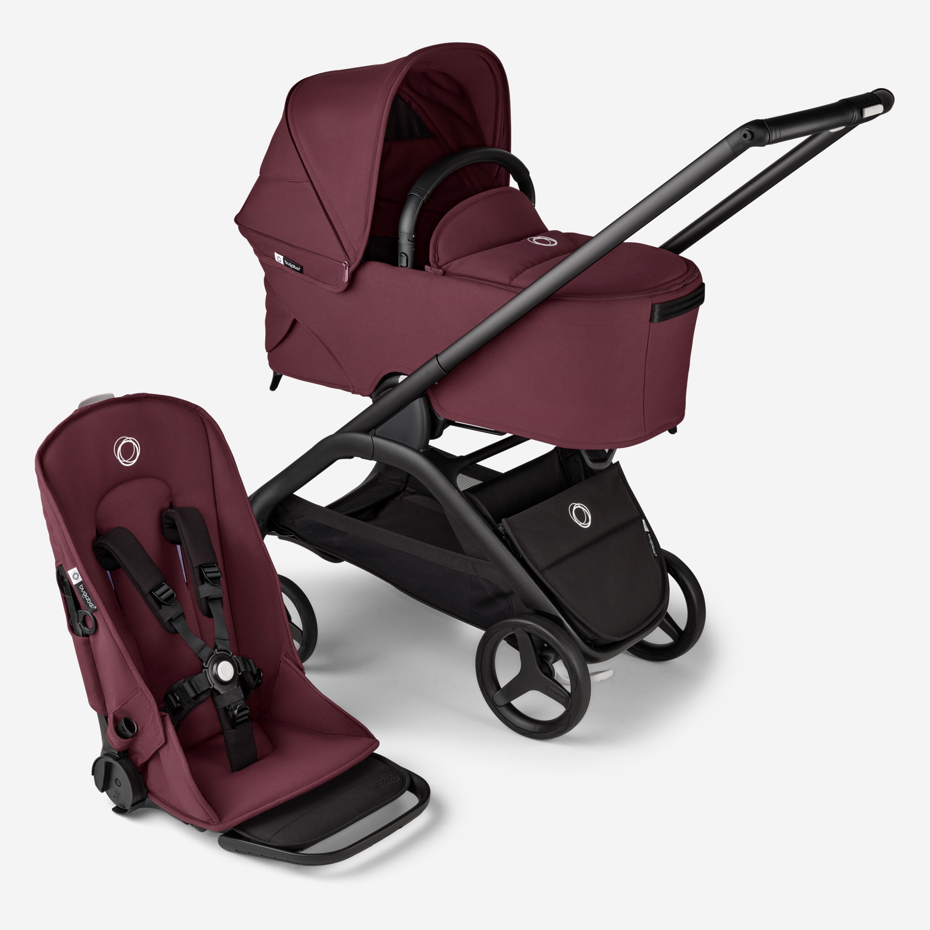 Bugaboo Dragonfly 2-in-1 stroller black base, dark cherry red fabrics, dark cherry red sun canopy - Main Modal Image Slide 1 of 16
