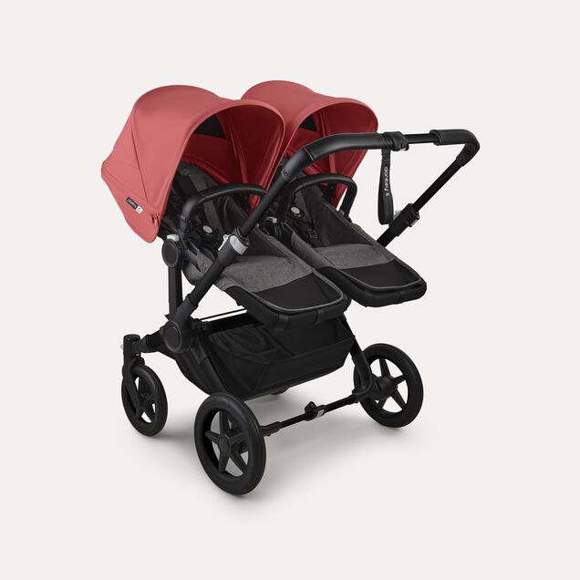 Bugaboo Donkey 5 twin stroller black base, grey mélange fabrics, sunrise red sun canopy - Main Image Slide 3 of 12