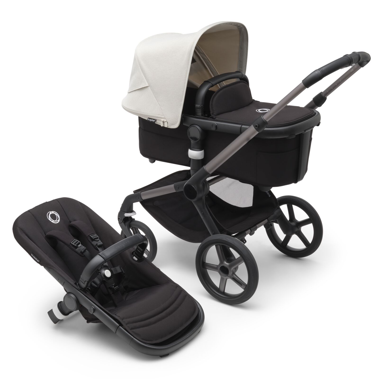 Bugaboo Fox 5 bassinet and seat stroller with graphite chassis, grey melange fabrics and misty white sun canopy.