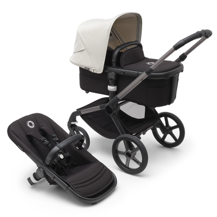 Bugaboo Fox 5 bassinet and seat stroller with graphite chassis, grey melange fabrics and misty white sun canopy.