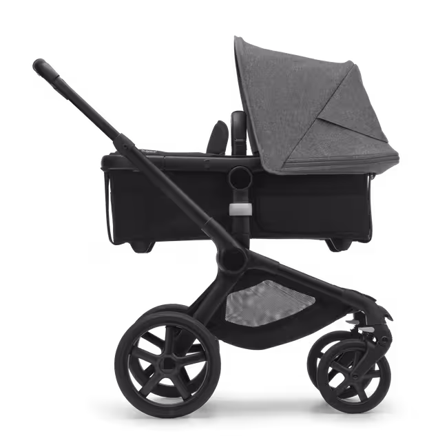 Refurbished Bugaboo Fox 5 bassinet and seat stroller black base, midnight black fabrics, grey melange sun canopy test - Main Image Slide 2 of 9
