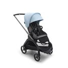 Poussette Bugaboo Dragonfly avec siège, châssis graphite, housse gris chiné et capote bleu horizon.