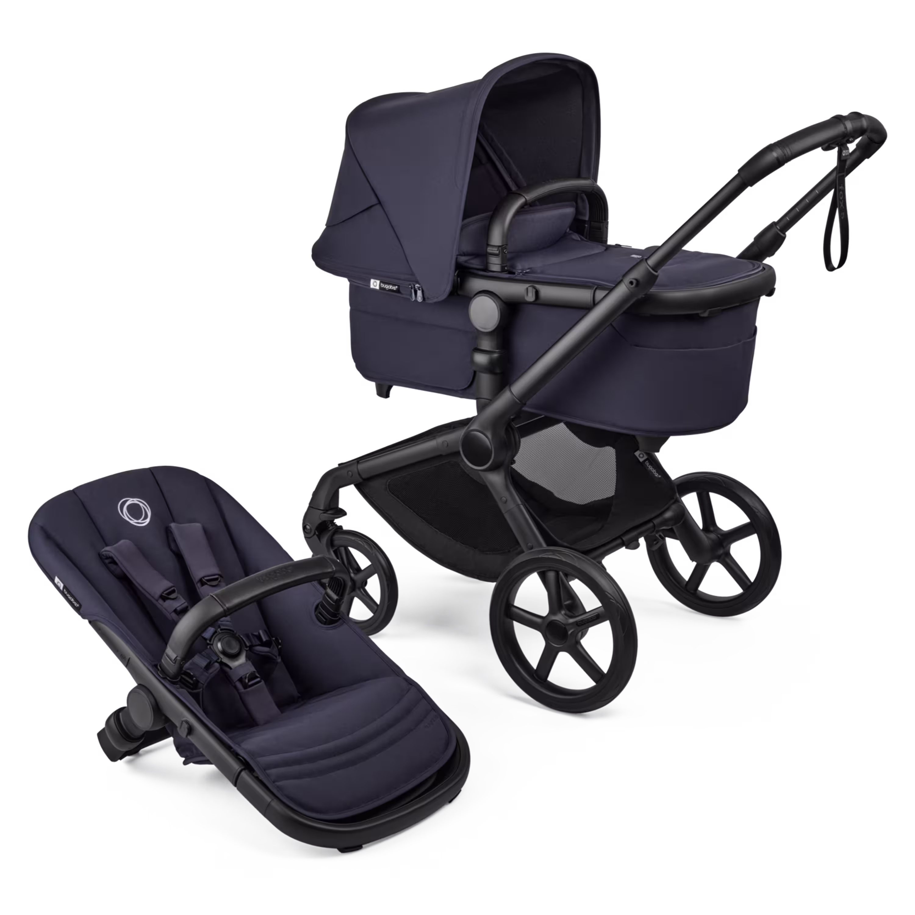 Bugaboo Fox 5 Renew bassinet and seat 2-in-1 stroller, with black chassis, Deep Indigo fabrics, and Deep Indigo sun canopy. - Main Modal Image Slide 1 of 12