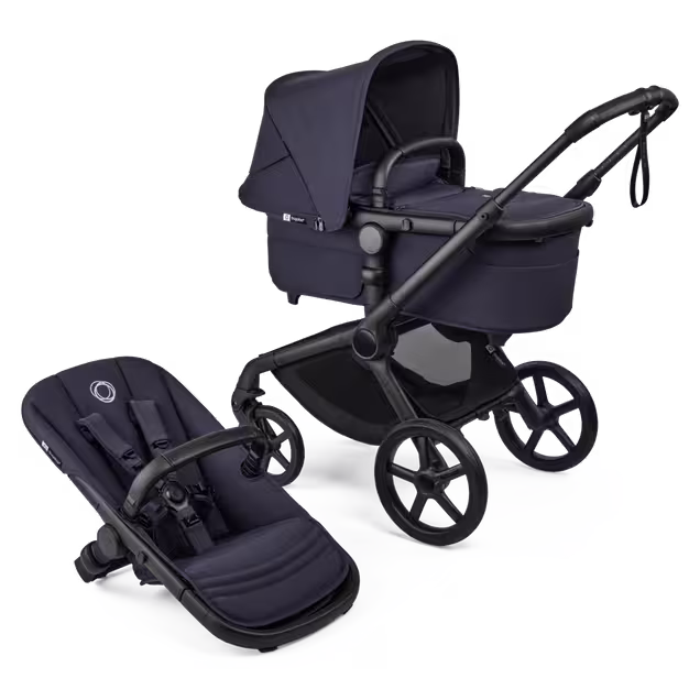 Bugaboo Fox 5 Renew bassinet and seat 2-in-1 stroller, with black chassis, Deep Indigo fabrics, and Deep Indigo sun canopy. - Main Image Slide 1 of 12