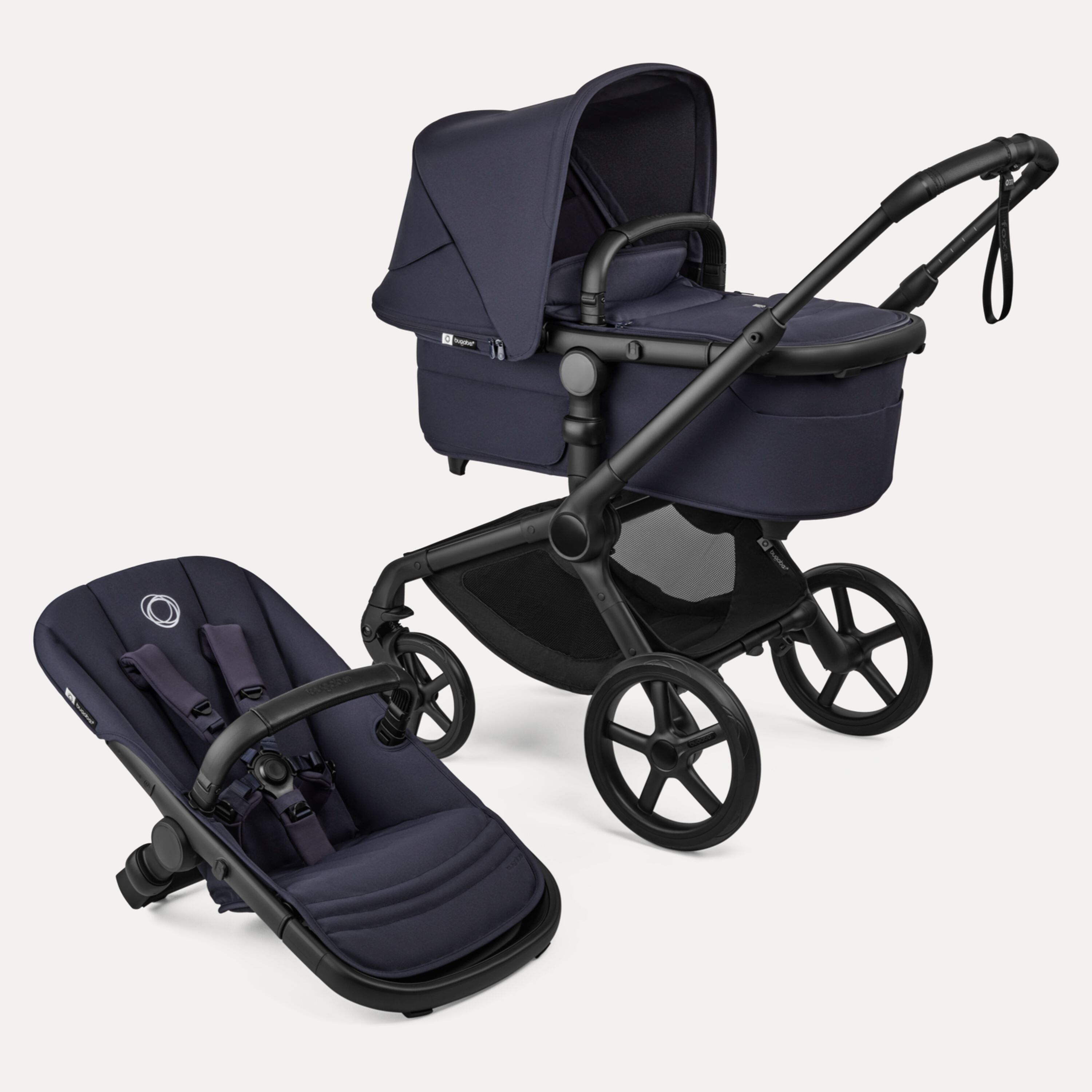 Bugaboo Fox 5 Renew bassinet and seat 2-in-1 stroller, with black chassis, Deep Indigo fabrics, and Deep Indigo sun canopy. - Main Modal Image Slide 1 of 12