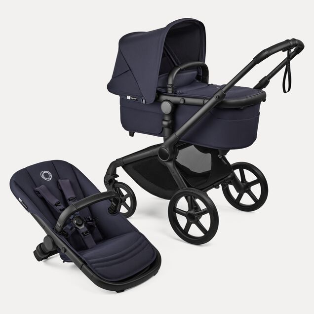 Bugaboo Fox 5 Renew bassinet and seat 2-in-1 stroller, with black chassis, Deep Indigo fabrics, and Deep Indigo sun canopy. - Main Image Slide 1 of 12