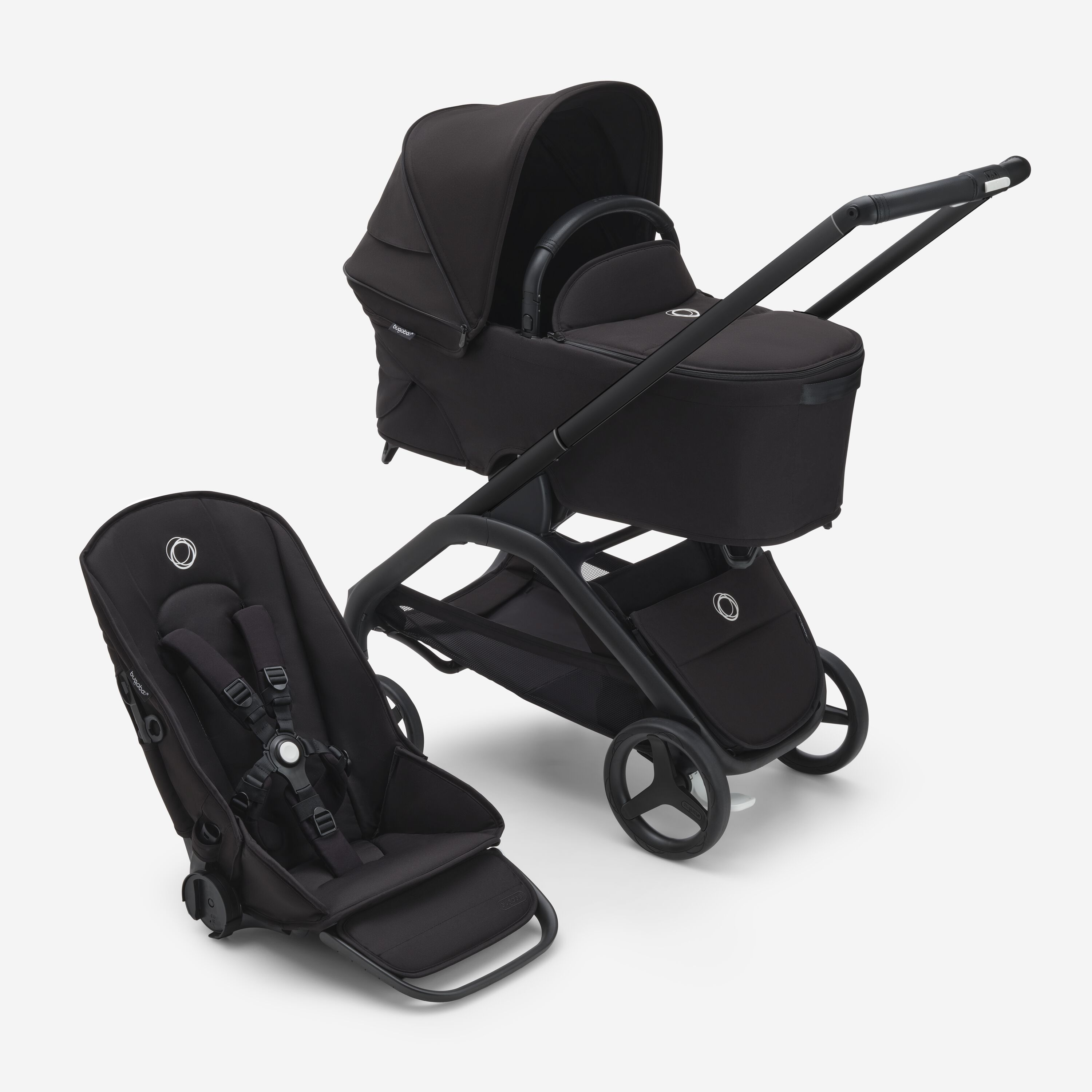 RBLU Bugaboo Dragonfly bassinet and seat stroller black base, midnight black fabrics, midnight black  sun canopy - Main Modal Image Slide 1 of 13