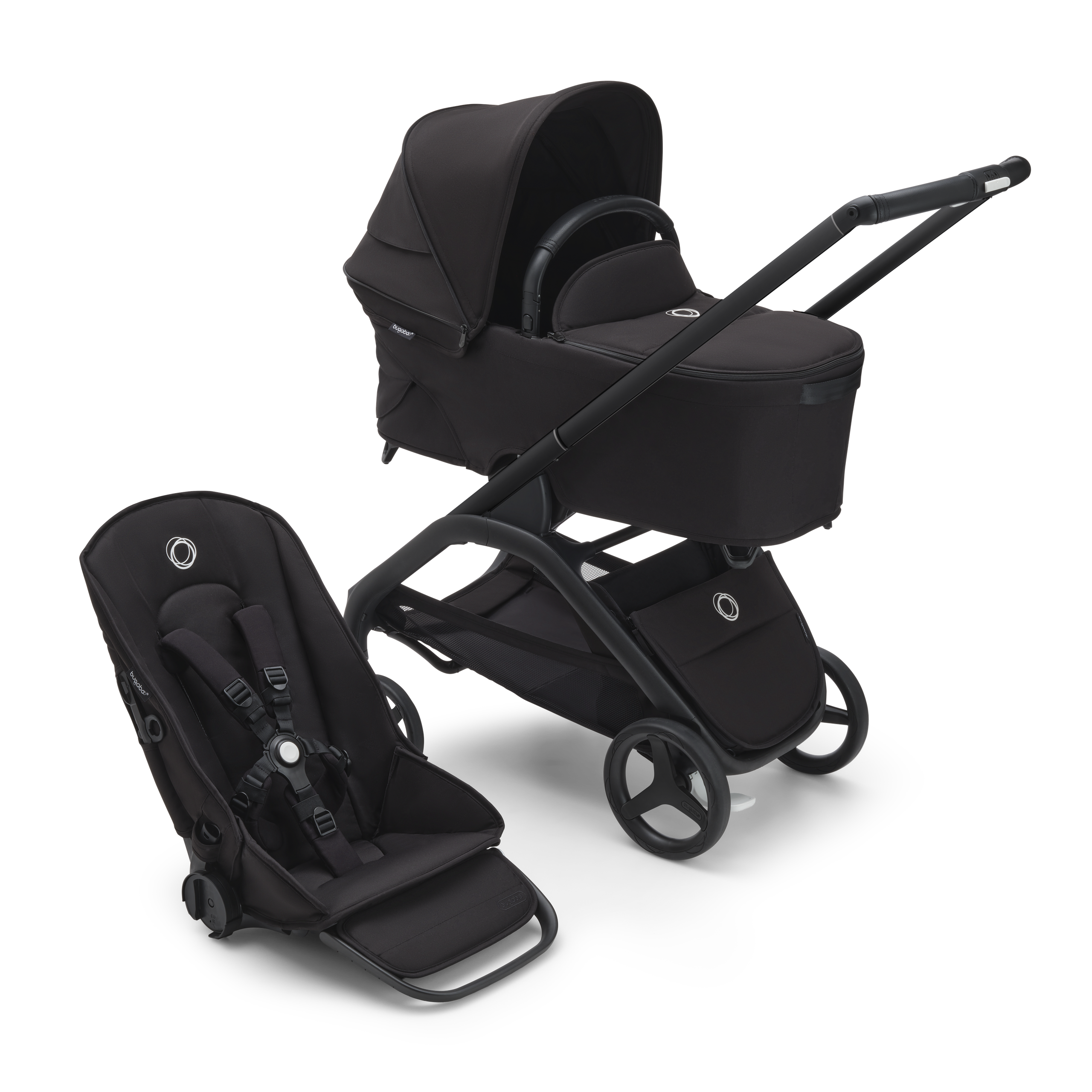 RBLU Bugaboo Dragonfly bassinet and seat stroller black base, midnight black fabrics, midnight black  sun canopy - Thumbnail Slide 1 van 10