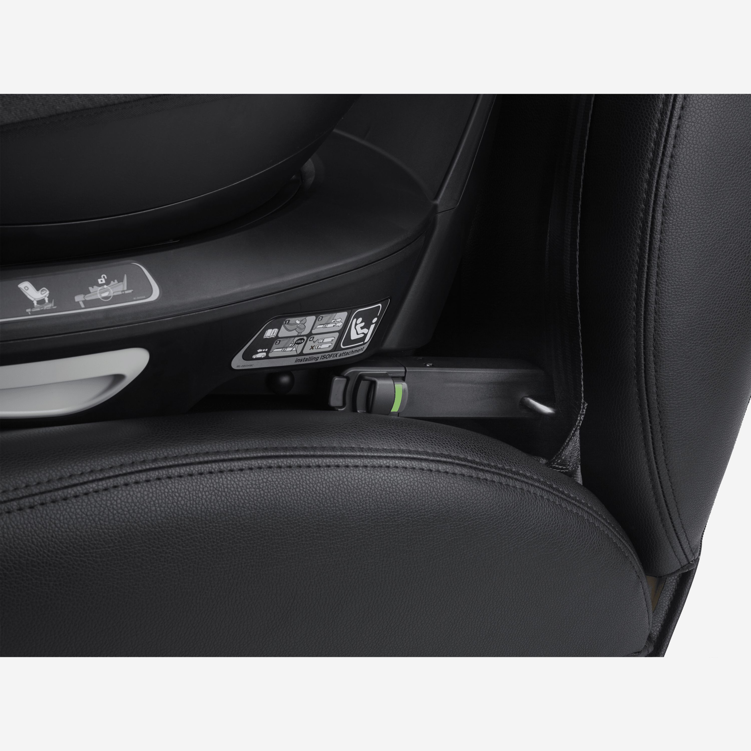 Close up of the ISOFIX connector between the Bugaboo 360 Base by Nuna and car. The indicator is green to signal correct installation. - Main Modal Image Slide 5 of 8
