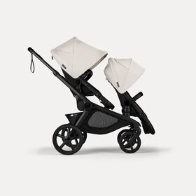 Bugaboo Kangaroo tandem stroller black base, midnight black fabrics, misty white sun canopy
